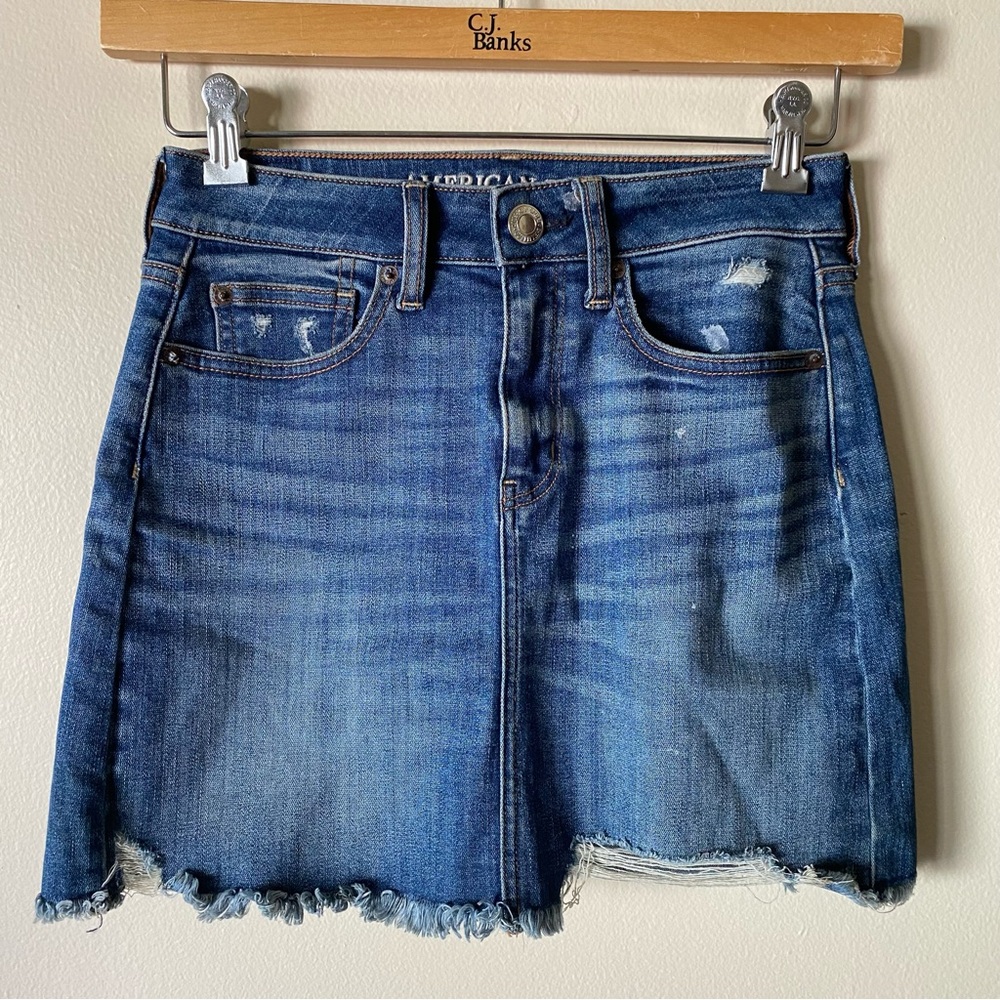 American Eagle Blue Denim Distressed Mini Skirt